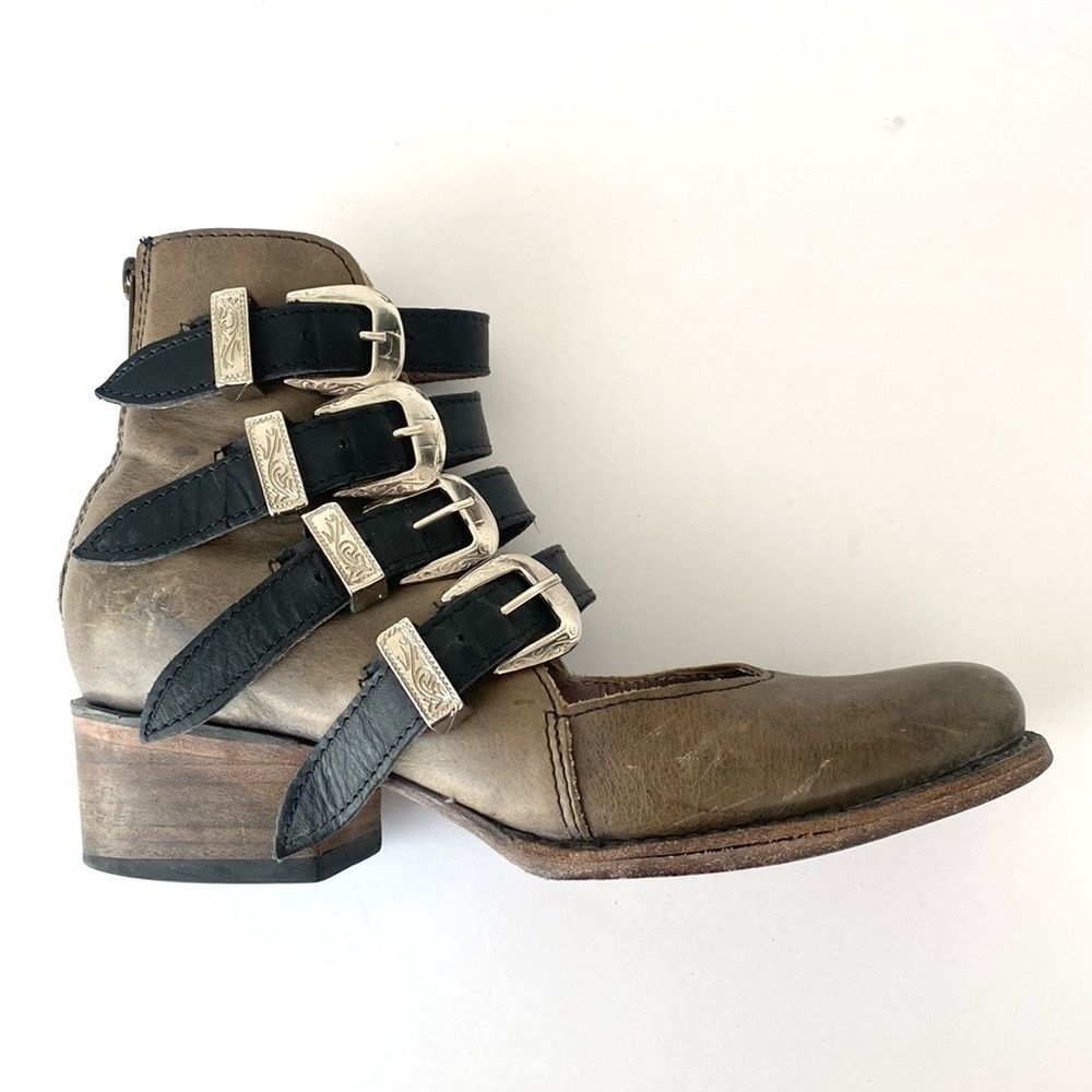 Freebird by Steven Scarlett Olive Brown Multi-Buckle Ankle Boots 8 Boho Western